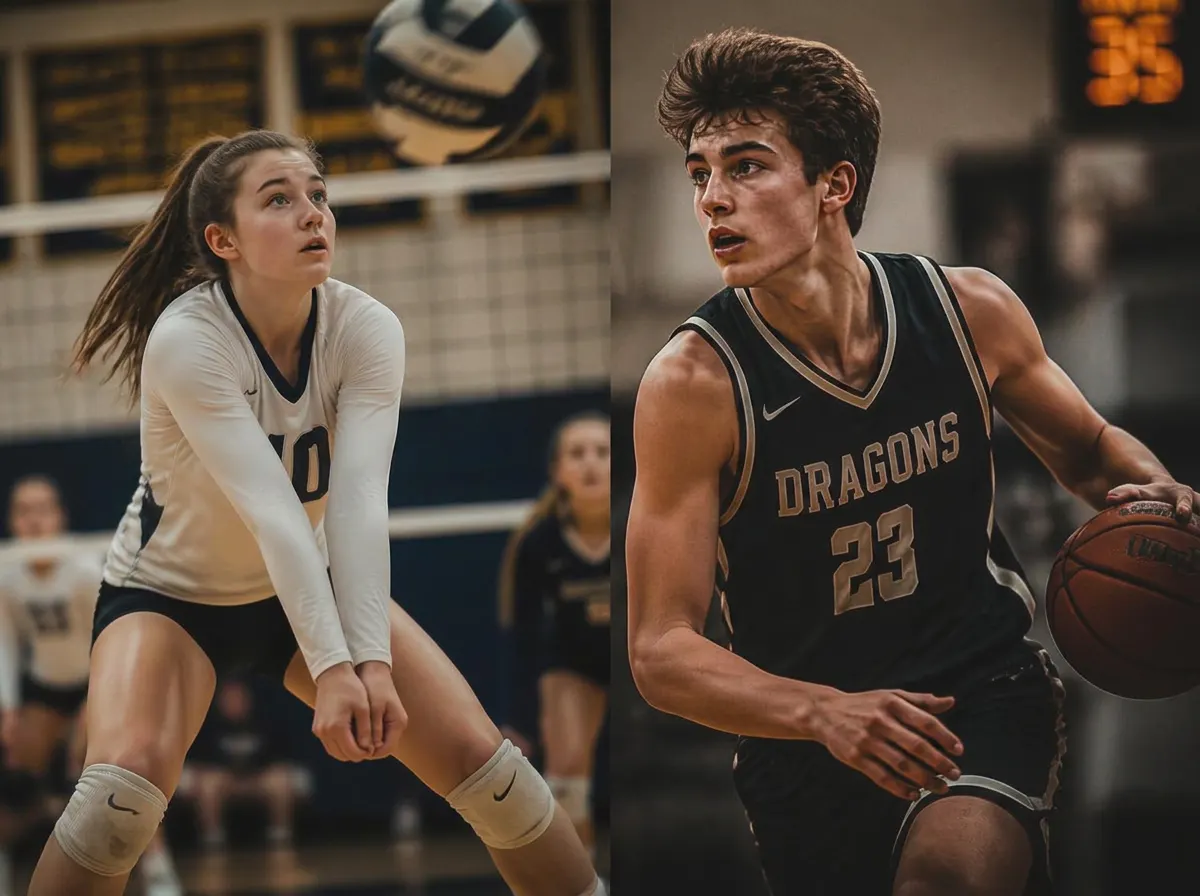 Young volleyball and basketball athletes competing